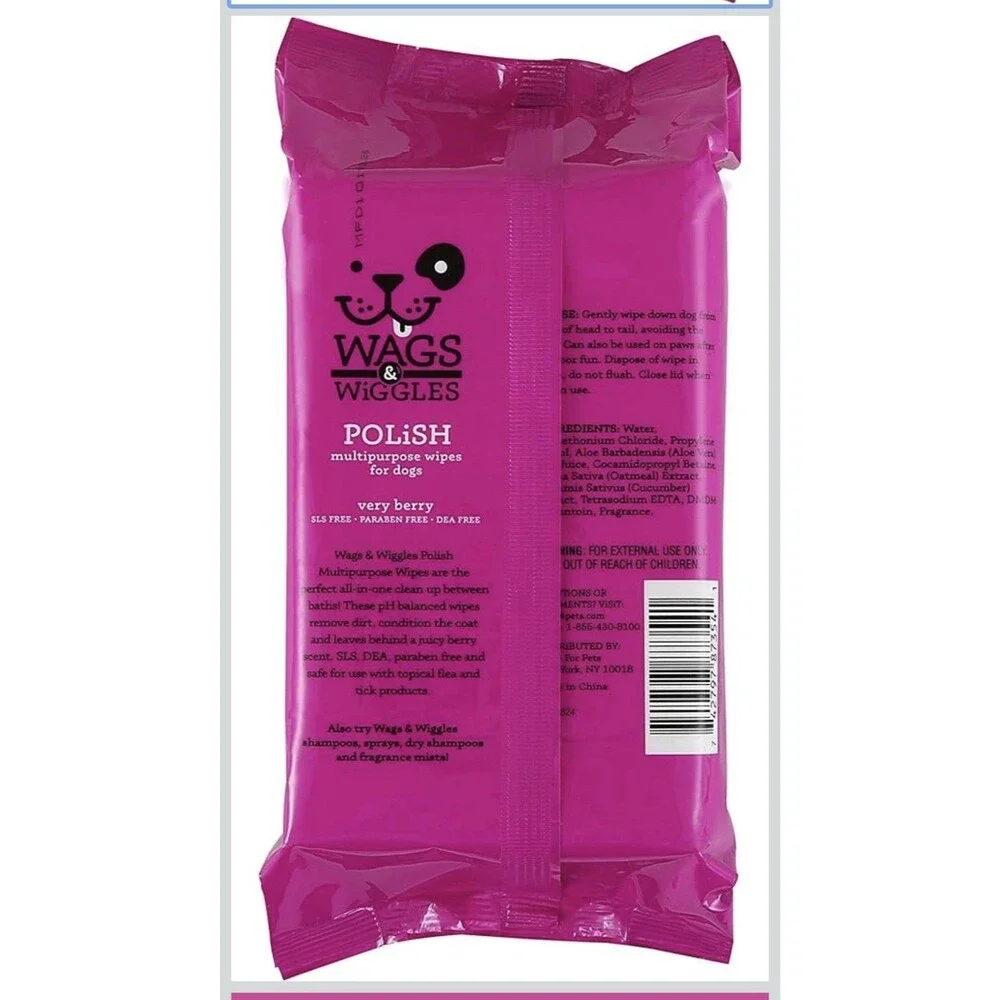 Wags & Wiggles Polish Multipurpose Wipes for Dogs, Very Berry Scent - Lot Of 6